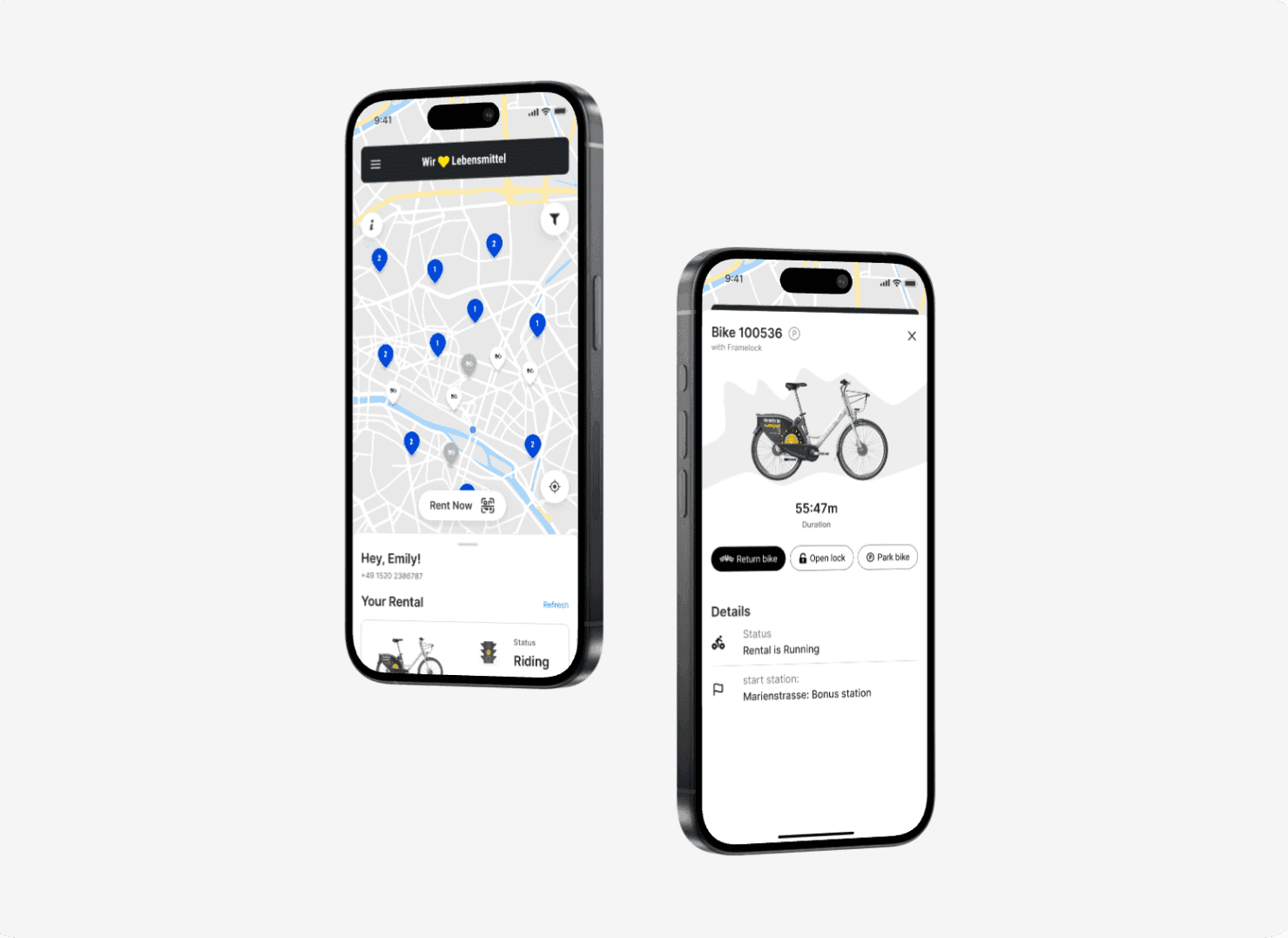 Two polished Nextbike redesign screens showing the bike map and an active rental