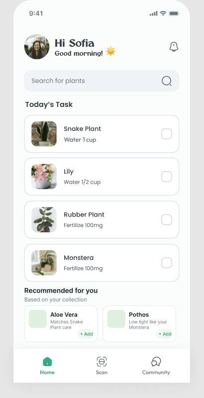 Home screen with plant recommendations