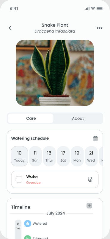Plant page with milestones and photo timeline
