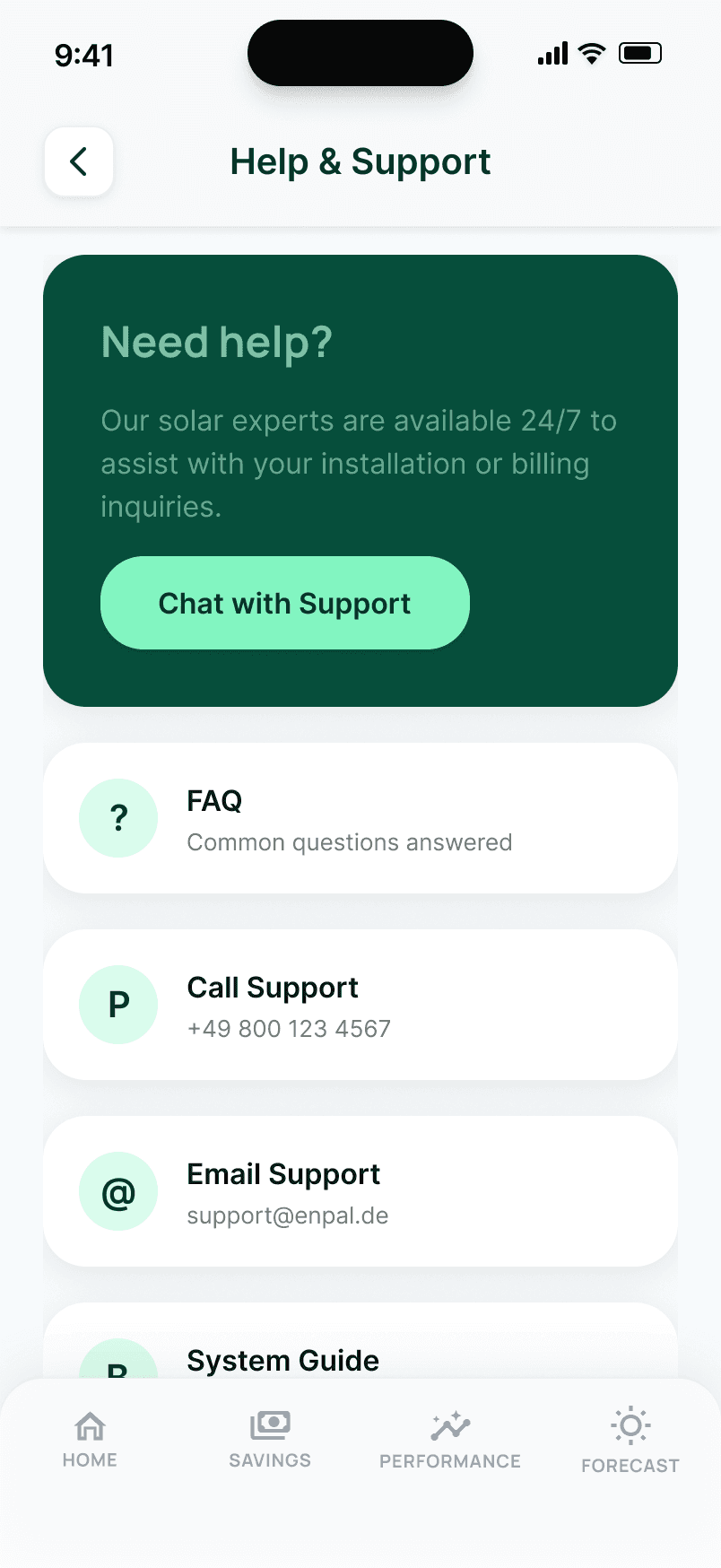Help & Support page with 4 channels