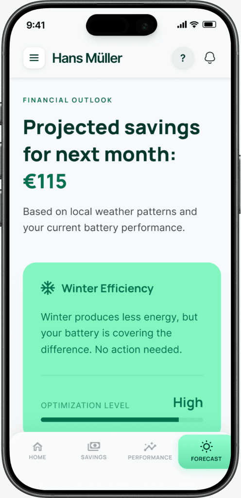 Forecast screen showing projected monthly savings