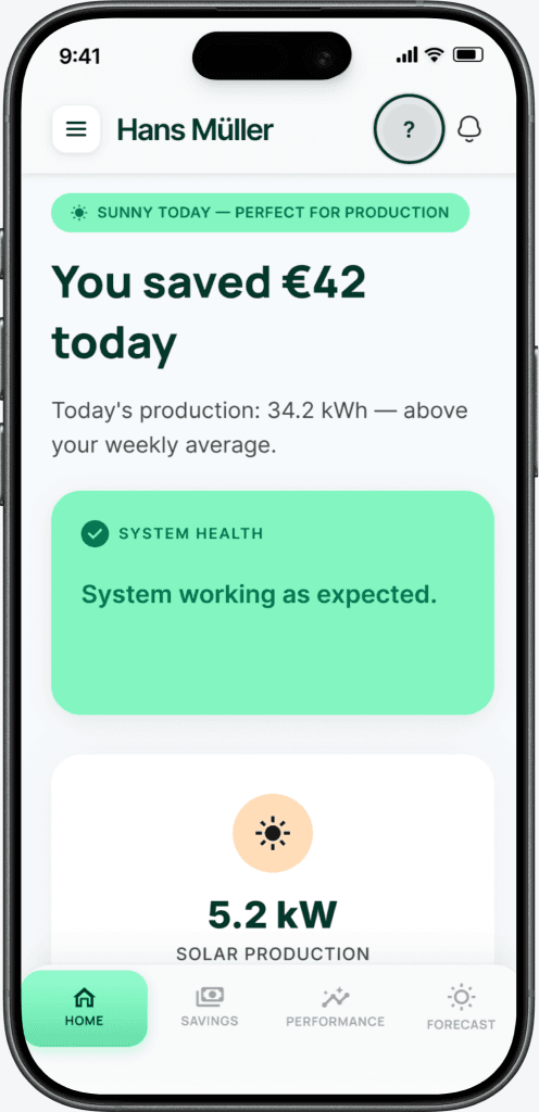 Home screen showing daily savings and system status