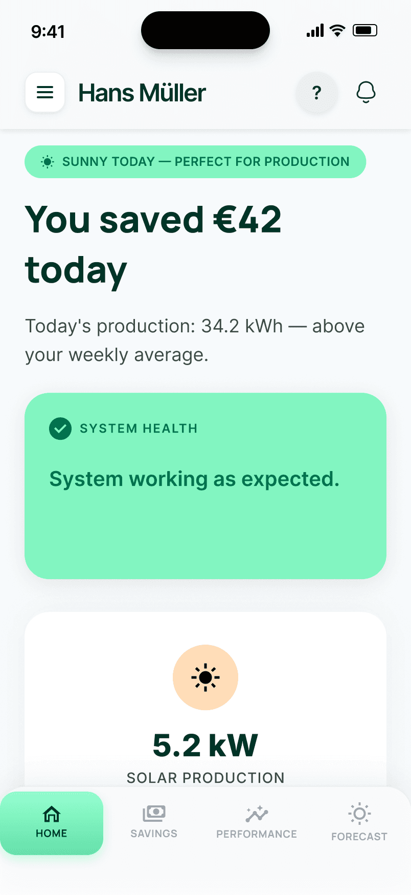 Home screen showing You saved €42 today