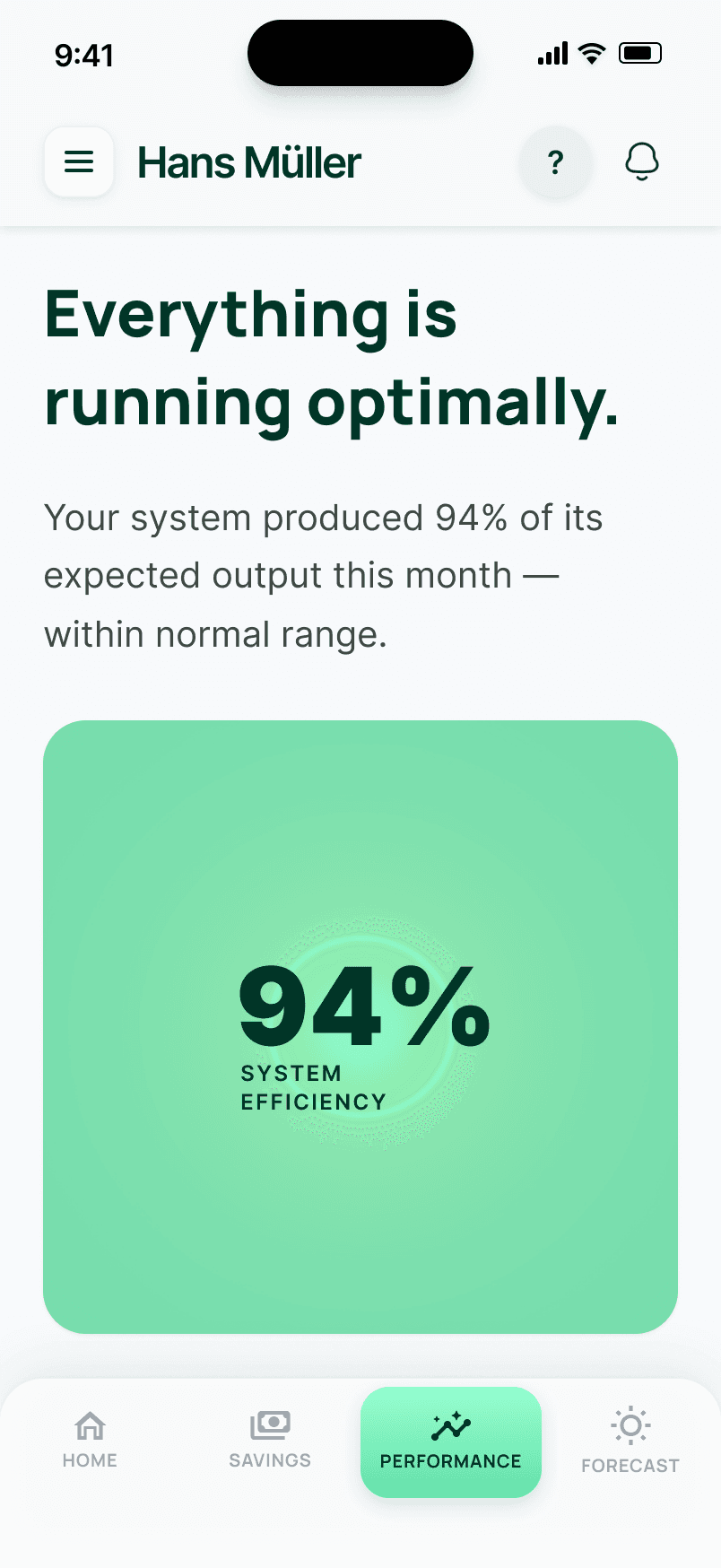 Performance screen showing 94% system efficiency