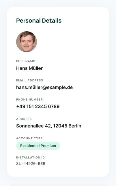 Personal Details section of My Account — Hans Müller's profile data