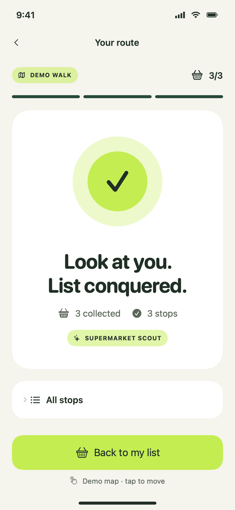 Static completion screen confirming collected groceries