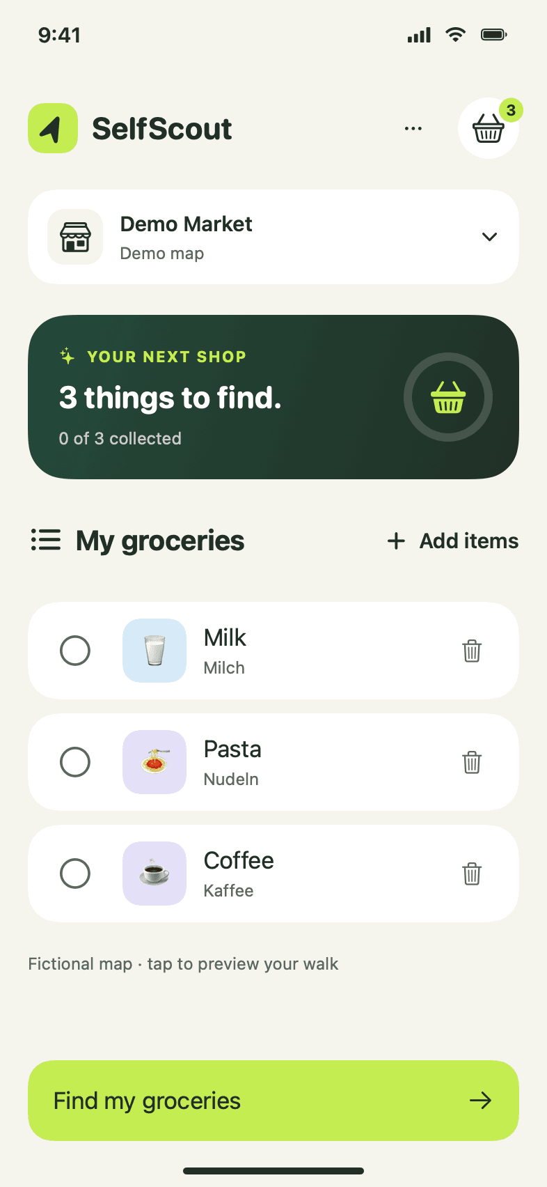 Static SelfScout home screen with a grocery list and basket in the top right