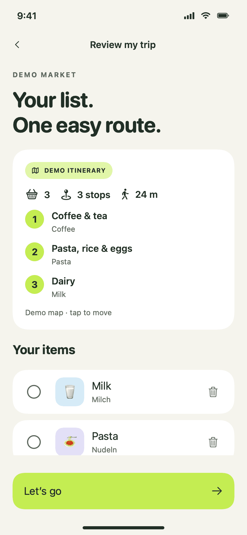 Static trip review screen ordering milk, pasta and coffee into aisle stops