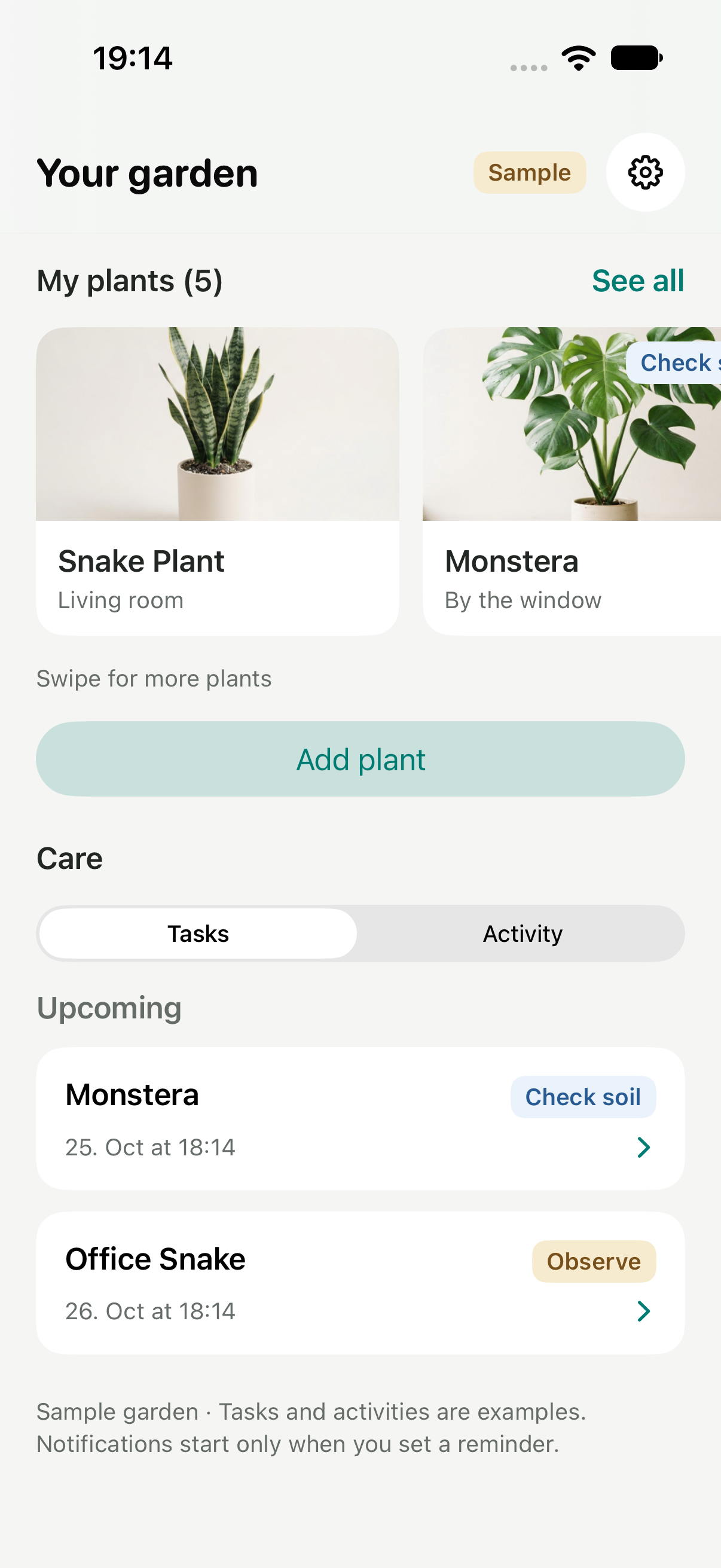 Current native Bloom Home with My plants, an Add plant action and care tasks