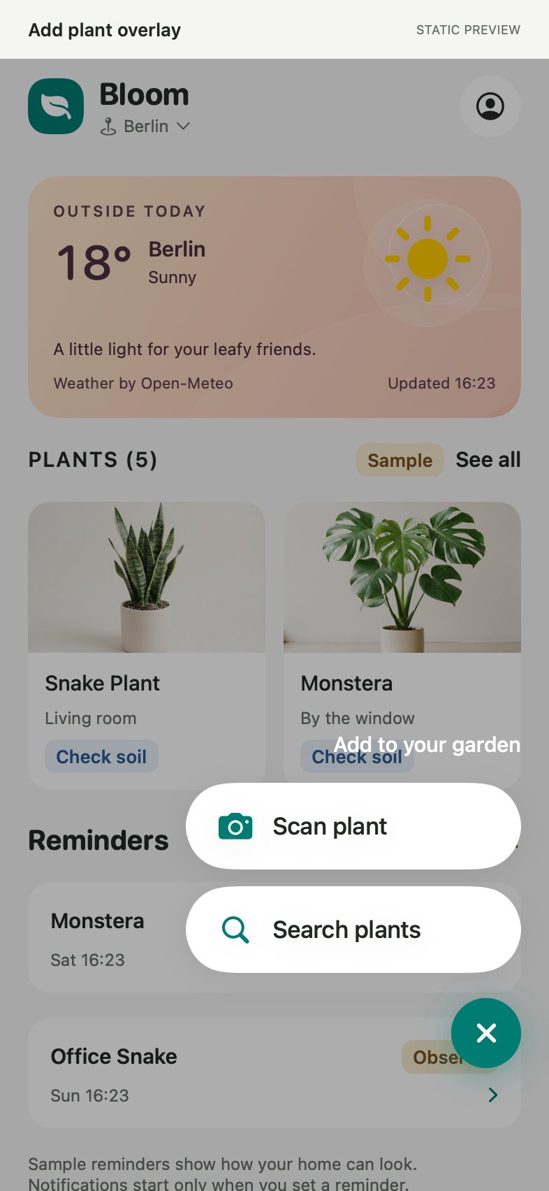 Earlier Bloom prototype showing an add overlay from a floating button