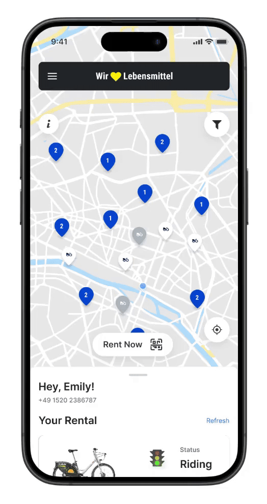 Animated Nextbike parking flow from active rental through bike return and trip summary