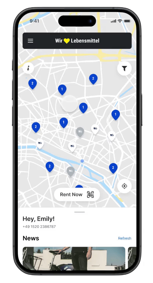 Animated Nextbike support flow showing issue status and in-app messaging